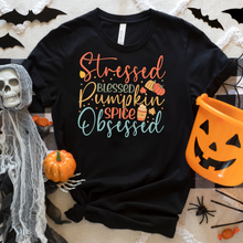 Load image into Gallery viewer, Stressed, Blessed &amp; Pumpkin Spiced Obsessed Unisex t-shirt
