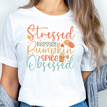 Load image into Gallery viewer, Stressed, Blessed &amp; Pumpkin Spiced Obsessed Unisex t-shirt
