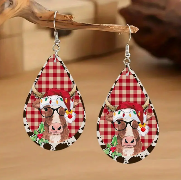 Wooden Christmas Cow Earrings