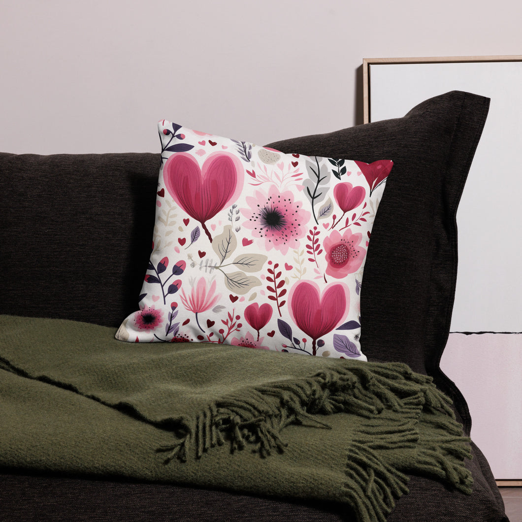 Pink Heart Flowers Premium Pillow Case