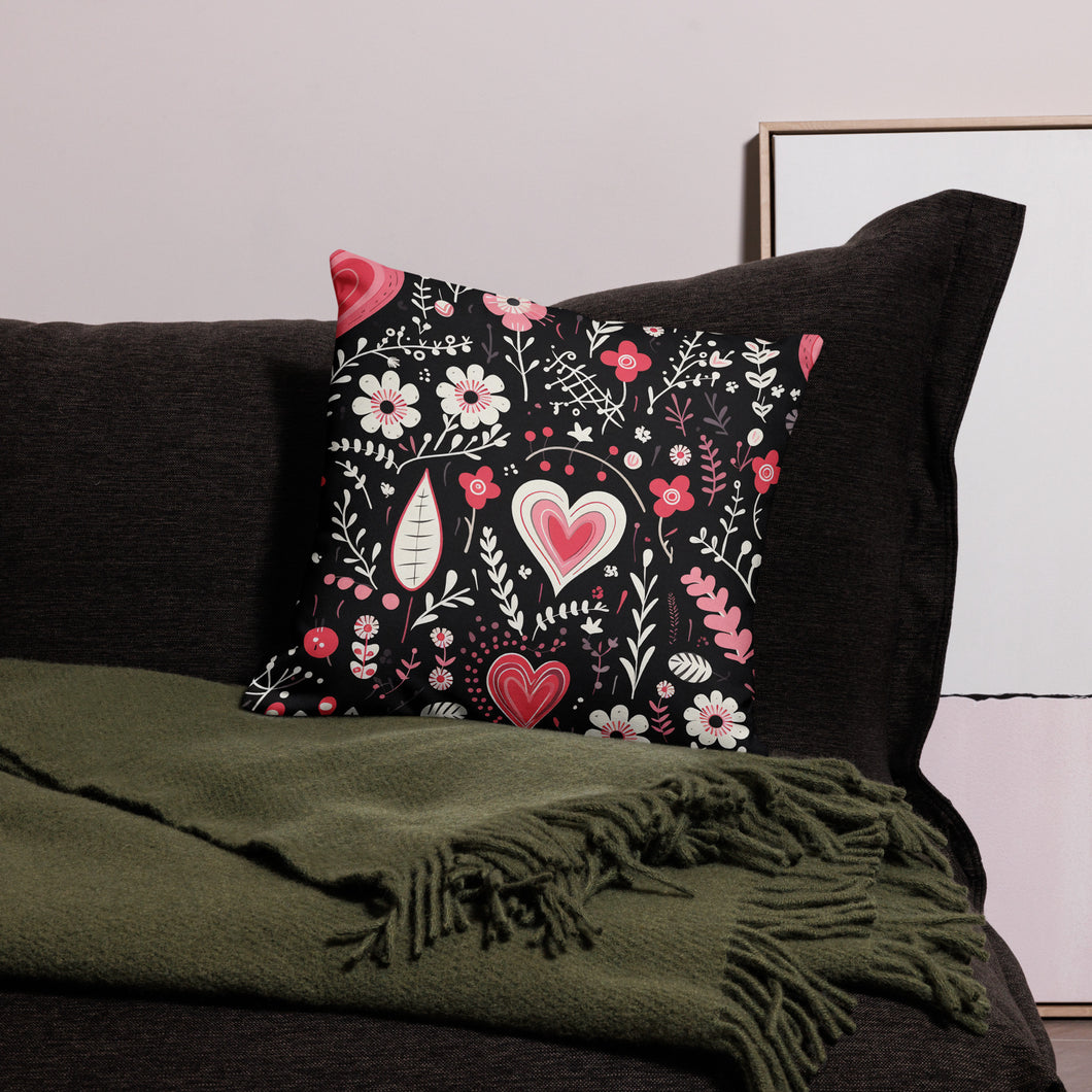 Black With Heart Flowers Premium Pillow Case