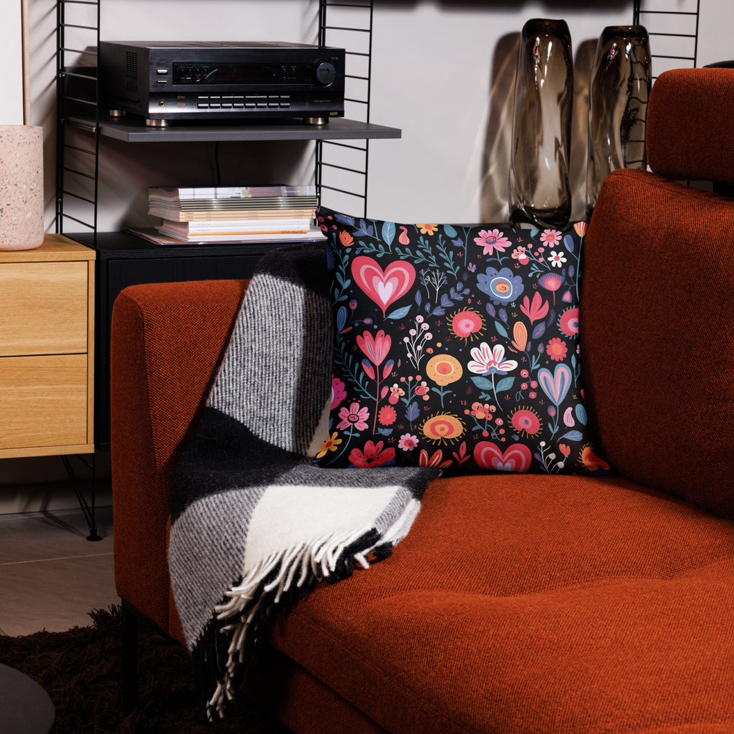 Multicolored Flowers and Hearts on Black Premium Pillow Case