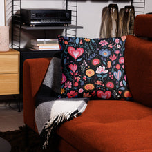 Load image into Gallery viewer, Multicolored Flowers and Hearts on Black Premium Pillow Case
