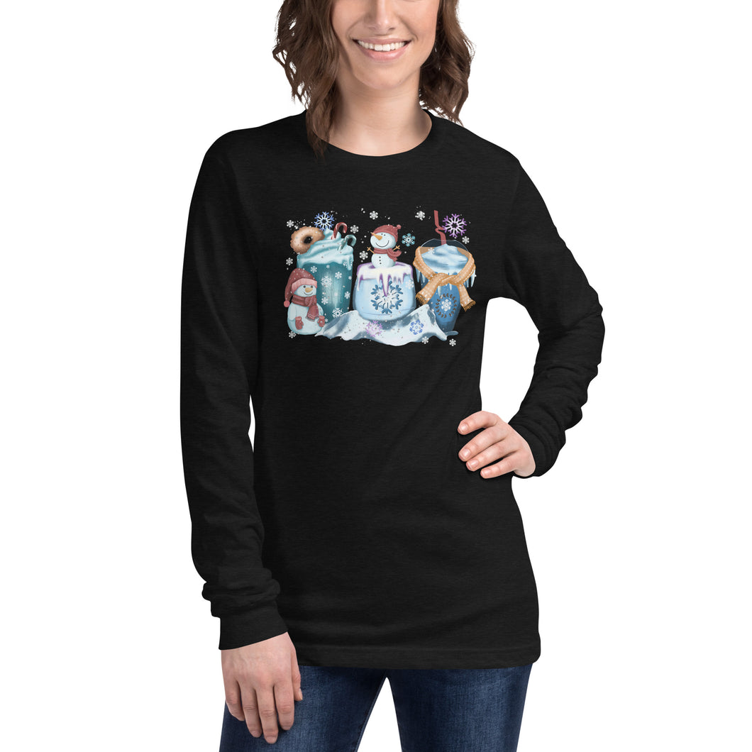 Snowmen, Snowflakes, and Drinks Unisex Long Sleeve Tee