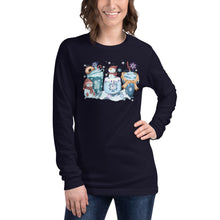 Load image into Gallery viewer, Snowmen, Snowflakes, and Drinks Unisex Long Sleeve Tee
