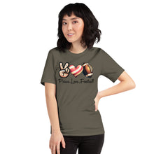 Load image into Gallery viewer, Peace Love Football (striped heart) Unisex t-shirt
