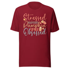 Load image into Gallery viewer, Stressed, Blessed &amp; Pumpkin Spiced Obsessed Unisex t-shirt
