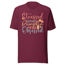 Load image into Gallery viewer, Stressed, Blessed &amp; Pumpkin Spiced Obsessed Unisex t-shirt
