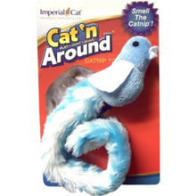 Load image into Gallery viewer, Cat &#39;n Around Crinkle Bird Stuffed catnip toy in blue.  Blue bird with long tail that crinkles when moved.  Displayed on tag card. 
