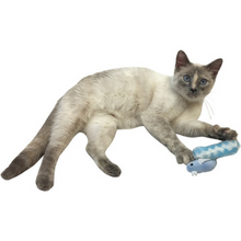 Load image into Gallery viewer, Cat &#39;n Around Crinkle Bird Stuffed catnip toy in blue.  Blue bird with long tail that crinkles when moved.  Displayed with cat playing. 
