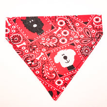 Load image into Gallery viewer, Classic red bandana print over-the-collar bandana.  Has classic bandana pattern with black and white dogs and white bones.  Displayed on a white background. 
