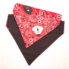 Load image into Gallery viewer, Front and back view of Classic red bandana print over-the-collar bandana.  Has classic bandana pattern with black and white dogs and white bones.  Back of bandana is solid black fabric. Displayed on a white background. 
