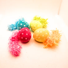 Load image into Gallery viewer, Picture of four colorful comet stuffed cat toys with feather tails.  Shows blue, yellow, lime green, and pink comets on white background. 
