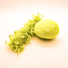 Load image into Gallery viewer, Lime Green colorful comet stuffed cat toy with feathery tail. Side view. 
