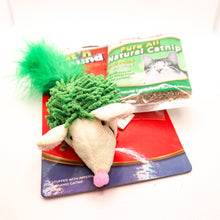 Load image into Gallery viewer, Cat N&#39; Around Feather Tail Hedgehog stuffed catnip cat toy.  Green one displayed on tag card with bag of accompanying catnip. 
