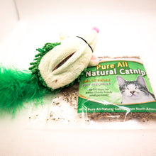 Load image into Gallery viewer, Bottom view of Cat &#39;n Around Hedgehog stuffed catnip toy.  Shows open compartment on bottom of toy to insert catnip along with the accompanying bag of catnip. 
