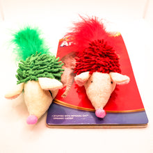 Load image into Gallery viewer, Cat N&#39; Around Feather Tail Hedgehog stuffed catnip cat toy.  Two hedgehogs displayed - red one on card tag and green one not.  
