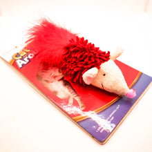 Load image into Gallery viewer, Side angle view of red feather tailed hedgehog stuffed catnip cat toy on card tag. 
