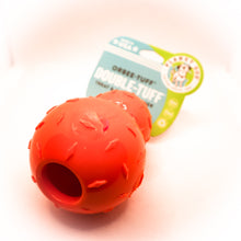 Load image into Gallery viewer, Angled bottom view of Diamond Plate Double-Tuff dog chew toy.  Shows open hole in bottom for treats. Toy is orange with two attached balls (looks like a snowman).  Ball has texture and is connected to card tag.  Displayed on white background. 
