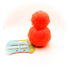 Load image into Gallery viewer, Picture of Diamond Plate Double-Tuff dog chew toy.  Toy is orange with two attached balls (looks like a snowman).  Ball has texture and is connected to card tag.  Displayed on white background. 
