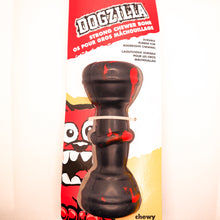 Load image into Gallery viewer, Overhead view picture of Dogzilla Strong Chewer Bone dog toy.  Bone is hard black rubber with red accents.  Displayed on a white background with card tag. 
