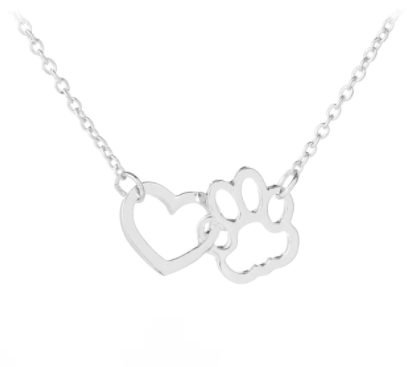 Silver tone necklace with open heart charms intertwined with open pet paw charms. Displayed on white background.